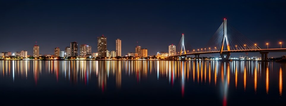Long exposure night photograph of the Maracaibo skyline featuring high-rise buildings and the illuminated General Rafael Urdaneta Bridge reflected in the water. The urban landscape