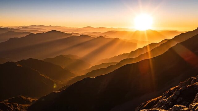 Dramatic sunrise over a vast mountain range with golden light rays and atmospheric haze