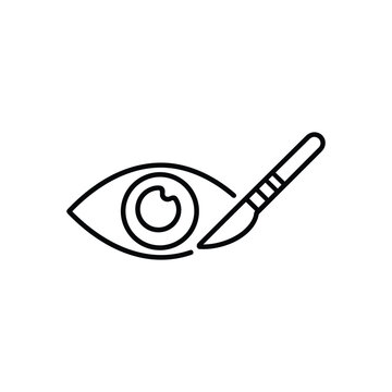 Ophthalmology eye surgery icon black and white vector illustration of eye operation and scalpel for medical clinic and vision care design