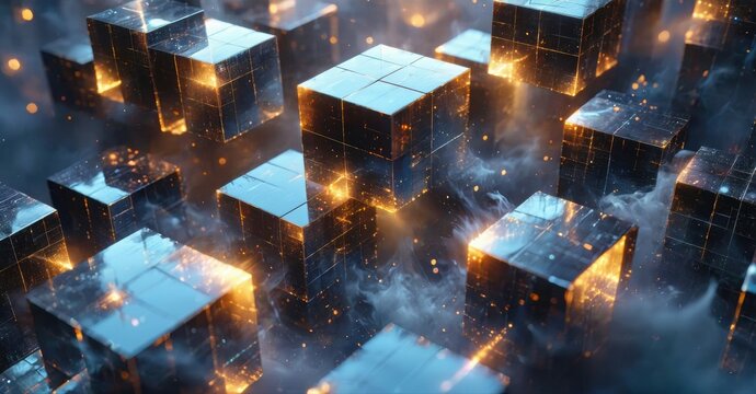 Glowing cubes float amid dark smoke. Bright orange lines illuminate geometric shapes, creating futuristic scene. Digital art, vibrant colors.