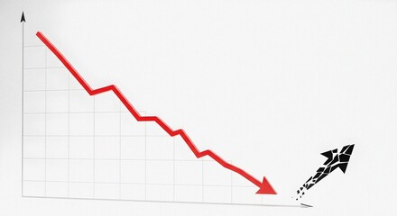 Obraz premium Fragmented black arrow ascending red decline line market reversal strategy graph