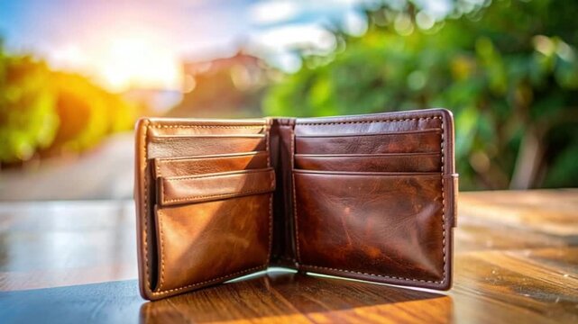 Empty brown leather wallet on wooden table with sunny outdoor background