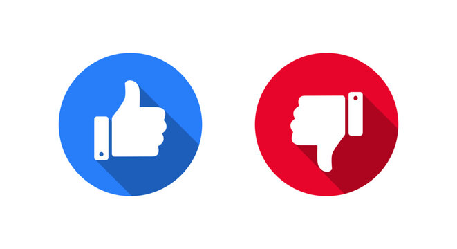 Like and dislike icon with long shadow. Thumbs up and down symbol. Positive and negative feedback sign