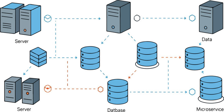 Servers and databases connect via microservices in a network