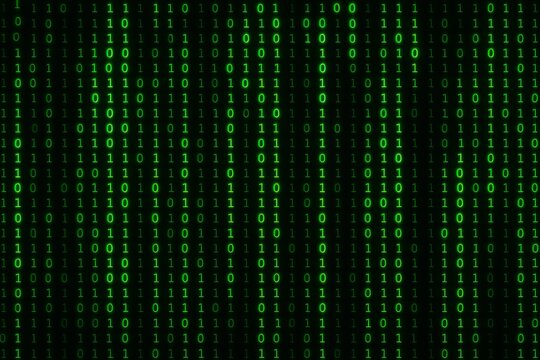 Glowing green binary code streams down a black background illustrating digital data flow in a futuristic technology concept style scene. Ai generative