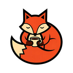 Cute Orange Fox Mascot Curled in a Circle Holding a Hot Cup of Coffee or Tea Minimalist Illustration
