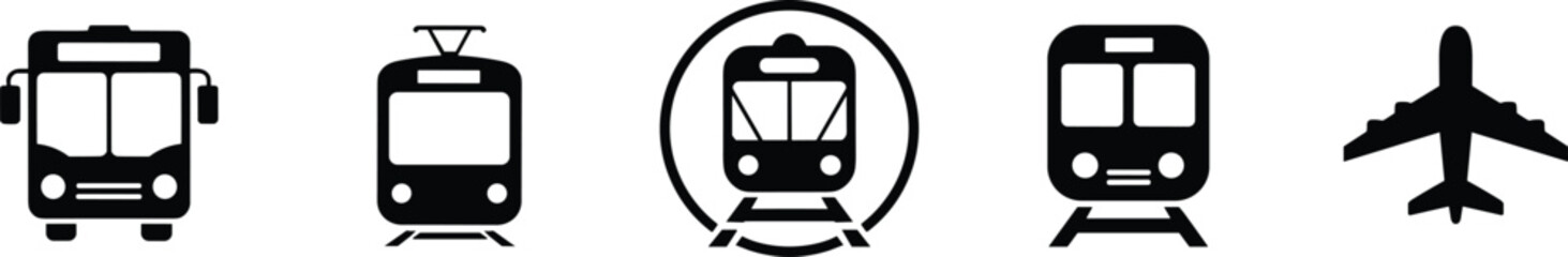Transport silhouettes icons vector bus tram metro train airplane collection public transit vehicles black illustration isolated © Itz Raju