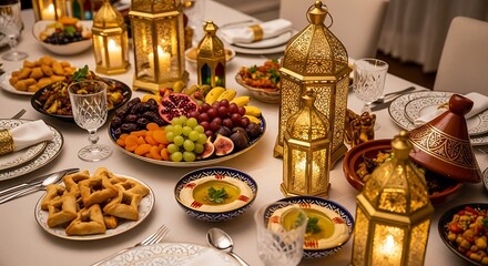 Fototapeta premium A lavish Ramadan Iftar table is abundantly set with a vibrant array of traditional dishes, fresh fruits, and elegant golden lanterns.