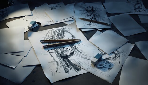 Scattered Sketches and Blank Papers on Desk with Pencils and Erasers