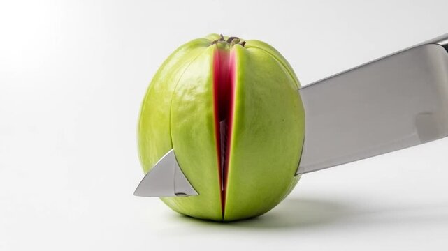 A bright green apple, smooth-skinned and round, is precisely cut in half by a sharp silver knife, presented in a clean studio shot against a stark white background, emphasizing its fresh