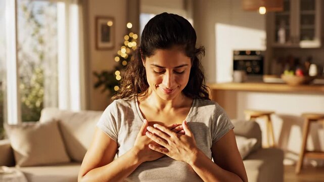 Woman practicing mindful breathing and gratitude at home during holidays.