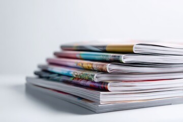 Colorful stack of glossy magazines on a clean white surface in a studio still life