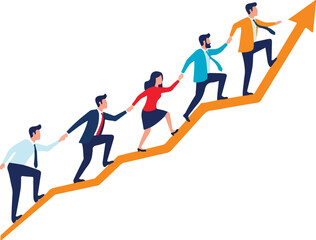 Fototapeta premium Professionals ascending a stylized orange graph line, symbolizing career progression and teamwork in a modern, minimalist illustration