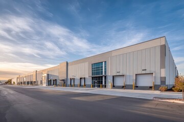 Commercial warehouse exterior featuring roll-up doors and glass office facade