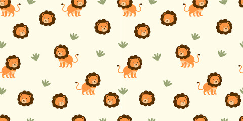 Seamless cute lion pattern featuring smiling lions surrounded by lush jungle foliage