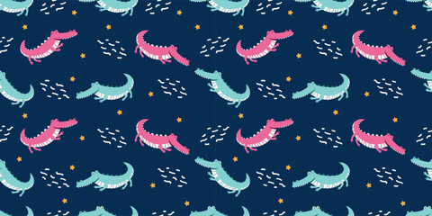 Seamless crocodile pattern featuring playful green crocodiles combined with tropical jungle leaves on a soft background