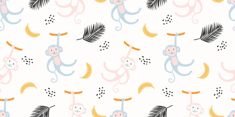 Seamless monkey pattern with fun and energetic monkey illustrations combined with tropical leaves