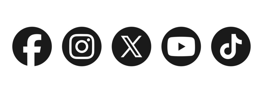 Popular Five social media network logo icons set 2026. Facebook, Instagram, X (Twitter), YouTube, TikTok	