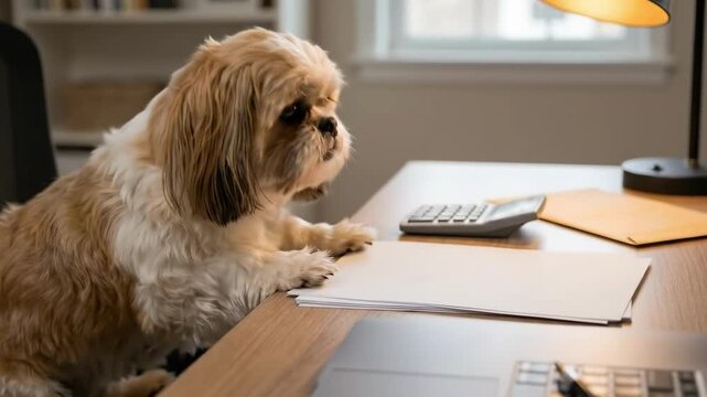 long haired shih tzu. A small dog attentively sits at a desk, gazing curiously at a stack of documents and a calculator, with warm light streaming in from the window