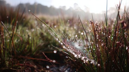 Dew-kissed Spiderweb Shimmering with Morning Sunlight Amidst Wet Grass