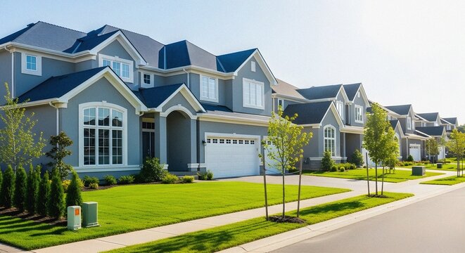 Uniform gray stucco housing white trim utility box modern suburban new development real estate residential street