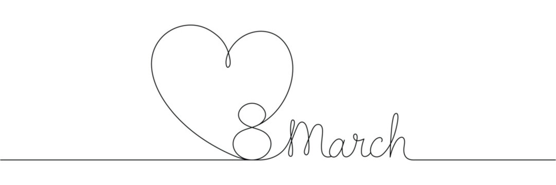 Continuous one line drawing of heart and eight march text for international women's day celebration. Minimalist art style. Editable stroke. Doodle hand drawn vector illustration