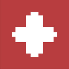 Obraz premium Minimalist White Cross Icon with Stepped Edges Centered on a Bold Red Square Background Representing Healthcare Medical Services First Aid Emergency Assistance or Hospital Identity Symbols