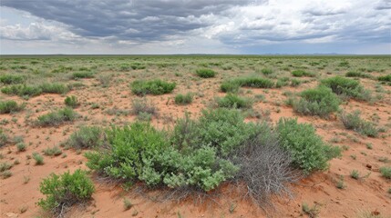 Rewilding efforts show native shrubs reclaiming arid desert landscape under cloudy sky.