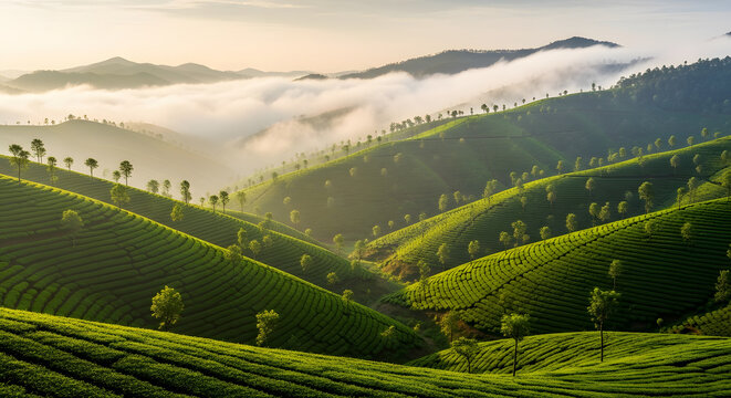 Scenic view of rolling green tea plantation hills covered in mor