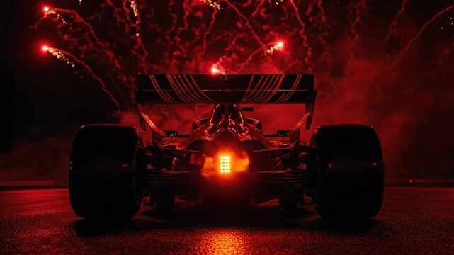 Formula 1 Race Car with Red Fireworks and Smoke