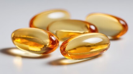 Crisp macro shot of dietary supplement capsules with amber oil in clear gel on white backdrop