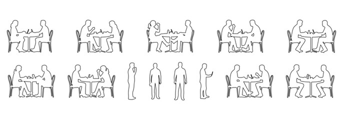 Architectural people outline vector cafe activity. sitting at round table, drinking coffee, using laptop, talking across table, standing ordering. side, front, and top views. Vector