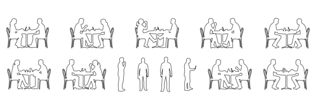 Architectural people outline vector cafe activity. sitting at round table, drinking coffee, using laptop, talking across table, standing ordering. side, front, and top views. Vector