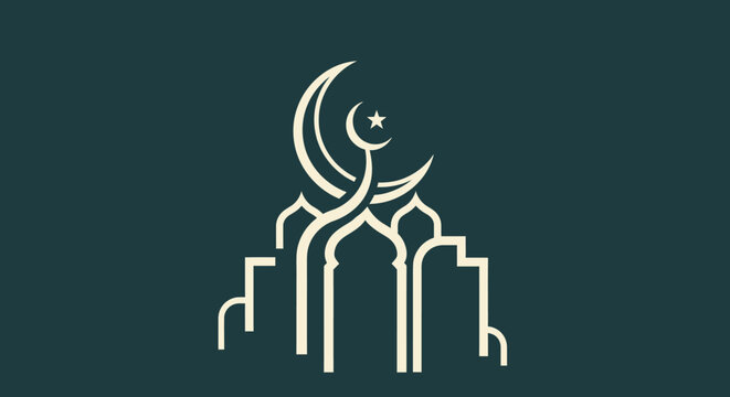 Modern vector design depicting a mosque's dome and minarets topped with a graceful crescent and star, a powerful emblem of religious belief