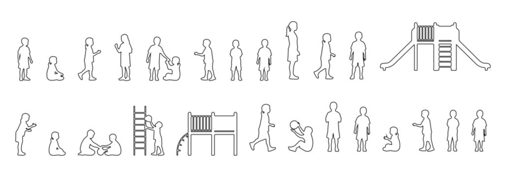 Architectural people outline vector children playground activity. running, playing ball, sitting on ground, climbing, standing in group. side, front, and top views. Vector