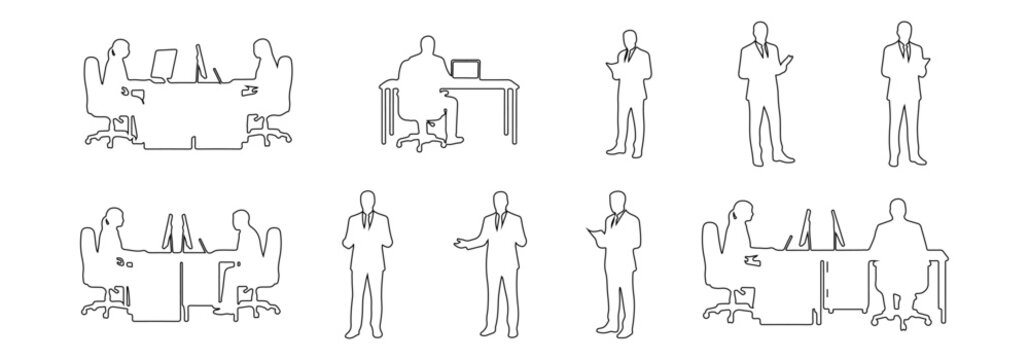 Architectural people outline vector office work activity. sitting at computer desk, typing on laptop, standing presentation. elevations, and floor plans with side, front, and top views. Vector