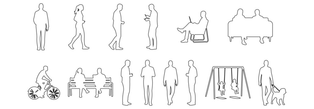 Architectural people outline vector park activity. walking, jogging, sitting on bench, standing talking, child playing, person with dog, cycling. side, front, and top views. Vector