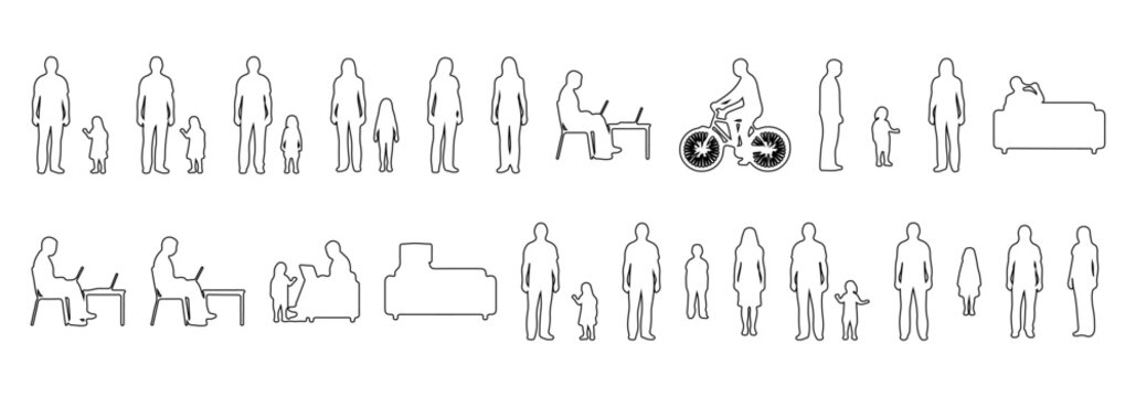 Architectural people outline vector set including human scale figures standing, walking, and sitting for CAD drawings, sections, elevations, and floor plans