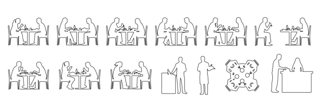 Architectural people outline vector restaurant dining activity. sitting at table eating, waiter serving, standing talking, group dining. side, front, and top views. Vector