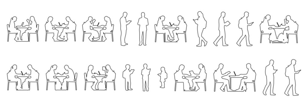 Architectural people outline vector students activity, sitting at desk writing, reading book, using laptop, walking with backpack, group discussion. side, front, and top views. Vector