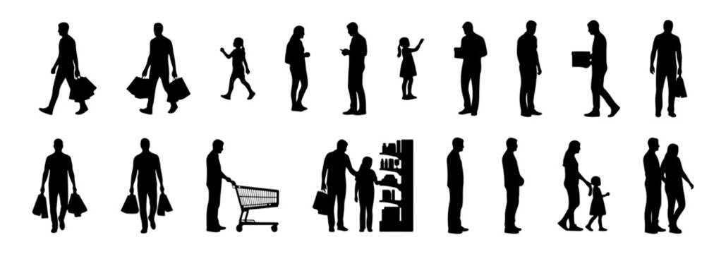 Architectural people silhouette vector shopping activity. walking with shopping bags, pushing cart, standing browsing, talking in pairs, waiting in queue. side, front, and top views. Vector