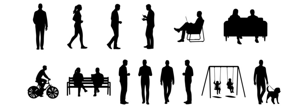 Architectural people silhouette vector park activity. walking, jogging, sitting on bench, standing talking, child playing, person with dog, cycling. side, front, and top views. Vector