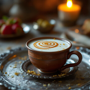 Clay cup filled with nolen gur flavored mishti doi