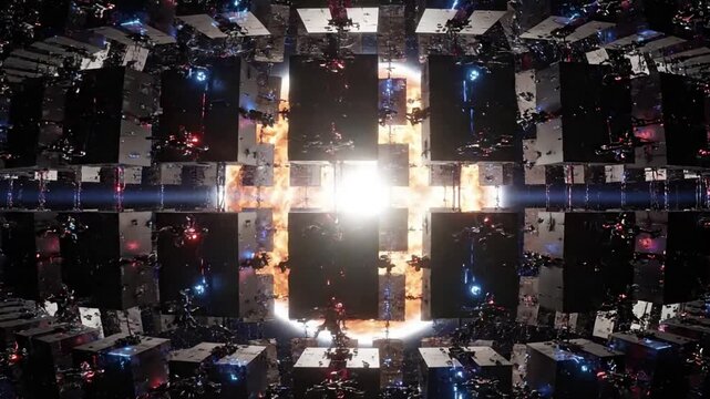 Automated Module Assembly Close-up views of futuristic, intricate robotic mechanisms precisely interlocking massive, reflective solar collection panels and structural elements in the vacuum of space.