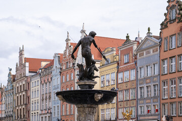 Naklejka premium Bronze statue of Neptune's Fountain in Gdansk Old Town, Poland