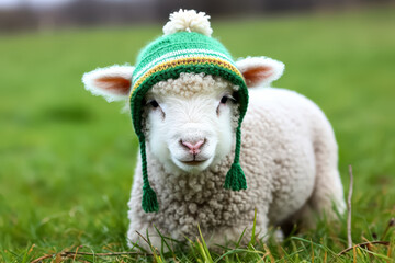 Adorable Lamb Wearing a Colorful Knit Hat