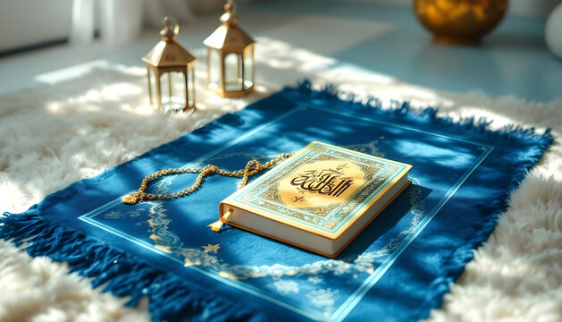 Eid prayer mats and Qur&rsquo;an arranged beside decorative lanterns indoors