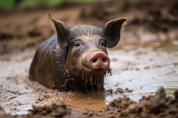 Adorable Piglet Enjoying a Muddy Bath