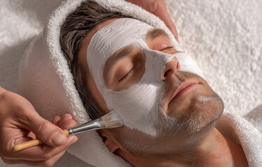 An unshaven guy wearing a cosmetic mask at a spa salon, seen from the side and above