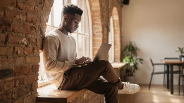 Focused black young male freelancer typing on laptop near brick wall window ledge inside sunny rustic loft office space sitting with calm expression
